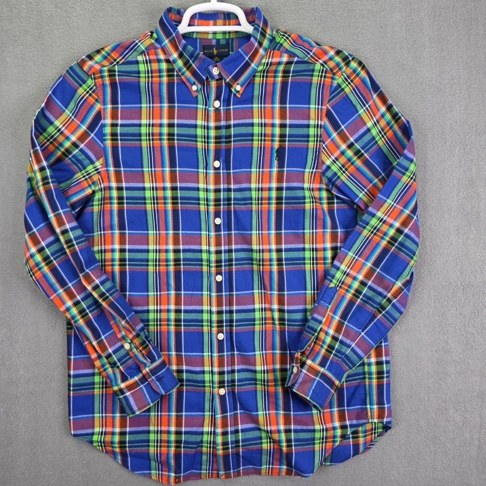 Ralph Lauren Shirt Madras Plaid Blue Orange Green XL Boys Cotton Button Down RL